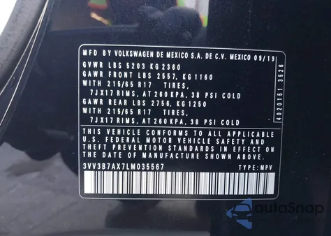 2020 Volkswagen Tiguan 2.0T Se/2.0T Se R-Line Black/2.0T Sel from USA, damaged, VIN 3VV3B7AX7LM035567